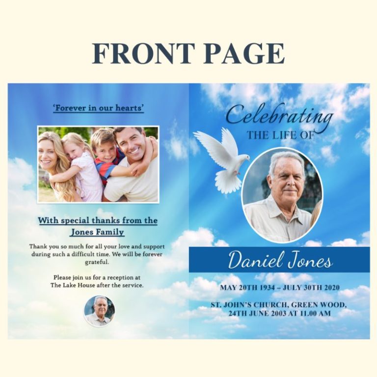 8P00023 Beautiful Clouds with Dove 8 Pages Obituary Funeral Template ...